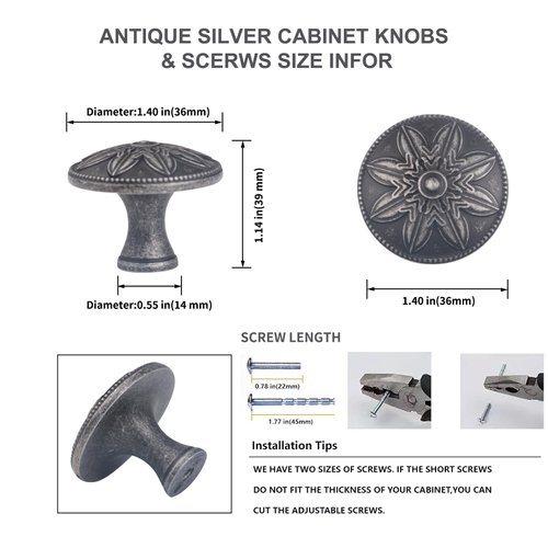 Xlroaafs 10 Pack Antique Silver Cabinet Knobs Vintage,1.4" Decorative Antique Cabinet Hardware Knobs Handles for Cabinets and Drawers Vintage Silver Kitchen Cabinet Knobs