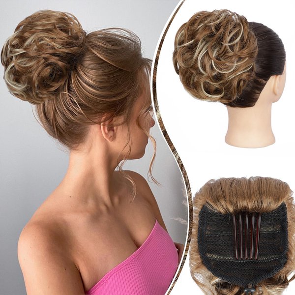 LUNDEREN Messy Bun Hair Piece Comb Hair Bun Hair Piece for Women Drawstring Hair Bun Hair Pieces for Updo Messy Hair Chignon Synthetic Hair Pieces (Light Brown with Blonde Mixed)