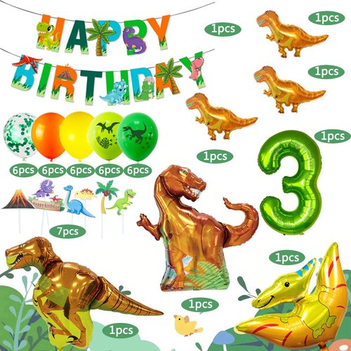 Dinosaur Birthday Party Supplies, Dinosaur Party Decorations Dinosaur 3 Year Old Foil Balloons for Boys and Girls,Include Balloons, Foil Balloons,Banner,Cake Topper