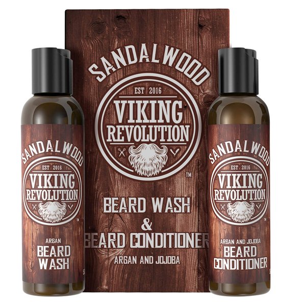 Viking Revolution Beard Wash & Beard Conditioner Set w/Argan & Jojoba Oils - Softens & Strengthens - Natural Sandalwood Scent - Beard Shampoo w/Beard Oil (5oz)