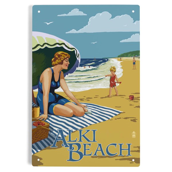 Lantern Press 6x9 Inch Metal Sign, Alki Beach, West Seattle, Washington, Woman on Beach