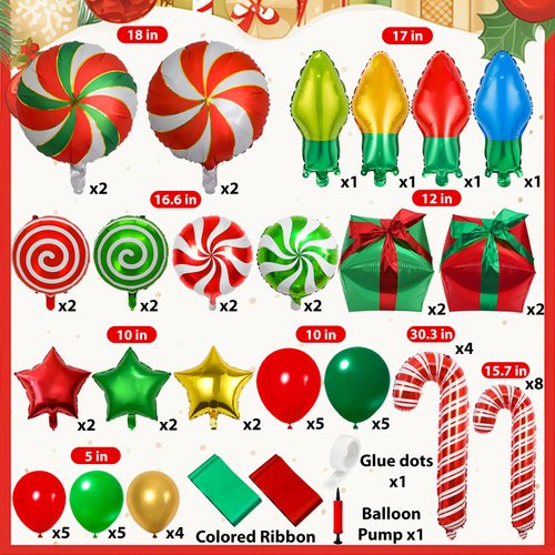64 Pcs Christmas Foil Balloons Decoration Set,Candy Cane Gift Box Swirl Mylar Christmas Party Balloons,Red Green Balloons for Christmas New Year Candies Xmas Theme Party Decorations