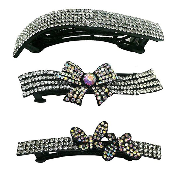 Set of 6 Crystal Barrettes 2 each of 3 Styles Crystal White on Black Trim-3-2NM2Bfa3