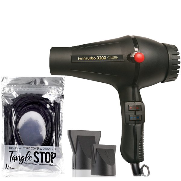 Turbo Power Twin Turbo 3200 Black Hair Dryer Model 324 and M Hair Designs Tangle Stop Cord Detangler (Bundle 2 Items)