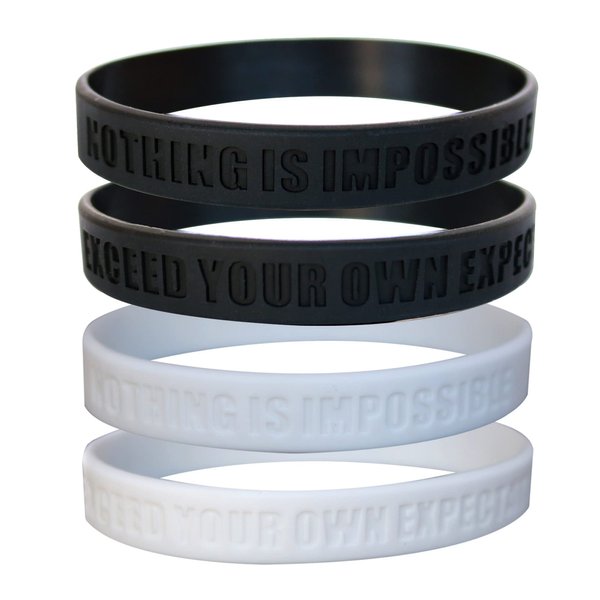 GOMOYO Nothing Is Impossible, Exceed Your Own Expectations Motivational Silicone Wristbands, Rubberband Bracelets for Fitness, Workouts, Exercise, Basketball (Black & White 4 Pack (2 each))