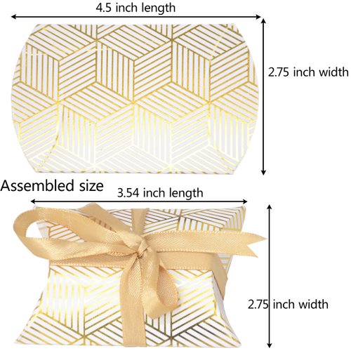 Aokbean 100 Pack Mini Pillow Candy Box Small Gift Boxes with 50 Yards Ribbon for Christmas Wedding Party Favor Gift, Jewelry or Soap Packaging (Gold Stripes)