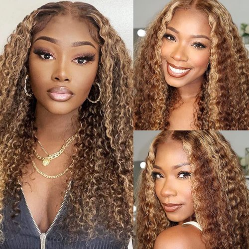 Ombre Brown to Caramel Blonde Highlights Culry Wave Lace Front Human Hair Wigs for Black Women, 4/27 Colored Balayage Human Hair Highlights Glueless Lace Wigs Pre-Plucked Hairline 150% Density 22Inch
