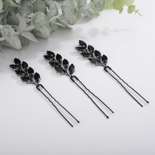 Teyglen 3pcs Bridal Black Crystal Hair Pins Rhinestone Hair Pieces Bride Wedding Hair Accessories Vintage Black Rhinestone Hair Pins for Women Halloween Party Prom (Black)