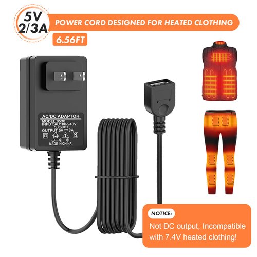 5V2A USB Wall Charger Wire Plug for Heated Vests Jackets Hoodies USB Connection Cables Charger with Male USB Plug Power Supplies for Heated Clothing for Home Office Maintains Lasting Warmth(6.56ft)