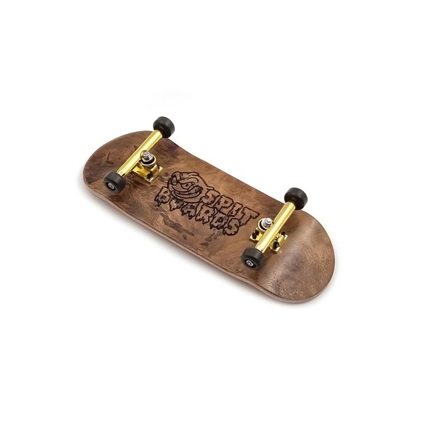 SPITBOARDS 34 mm Fingerboard Complete Wood Pro Set-Up (Pre-Assembled, 5-Layers), Pro Trucks, CNC Bearing Wheels, Foam Grip Tape (Deck: Burl Wood, Trucks: Gold, Wheels: Brown)