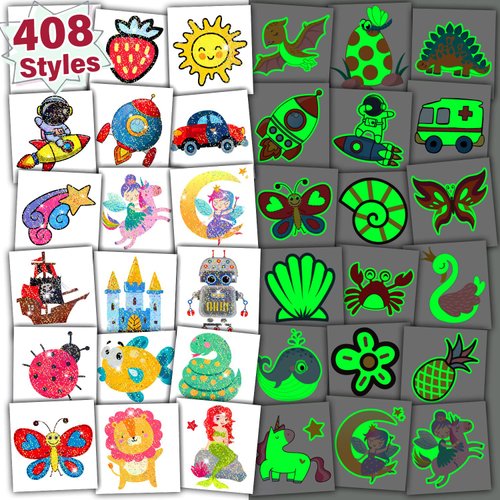 Partywind 408 PCS Temporary Tattoos for Kids, Glow and Glitter Fake Tattoo Stickers for Boys Girls Party Supplies Favors, Cute Goodie Bag Stuffers Gifts for Children (Individually Wrapped Sheet)