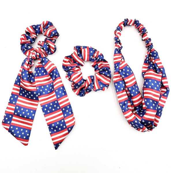 4th of July of Hair Accessories Set - 3Pcs American Flags Bandana Headband Red Blue White Hair Scarf Tie Patriotic Satin Scrunchies Hair Ties, Independence Day Costume Decorations for Women Girls