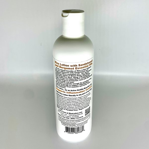 Rixx Lotion Sandalwood Bergamot Natural Herbal Blend (Sport Cap) with Witch Hazel, Aloe Vera, Shea Butter, Hyaluronic Acid & Essential Oils. Moisturizer and Skin Toner for Face and Body