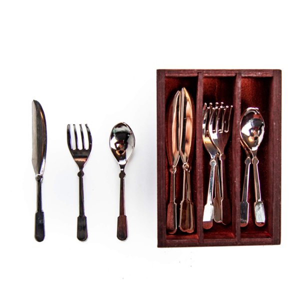 The Queen's Treasures 18 Inch Doll Kitchen Food Accessories,13 Piece Colonial Flatware Utensil Set, 4 Knives, 4 Forks, 4 Spoons, and Wooden Silverware Tray. Compatible For Use With American Girl Dolls