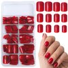 Bellelfin 240pcs Short Press on Nails Red Full Cover Short Square Glossy Fake Nails Acrylic Artificial False Nail Tips with 5 Sheets Adhesive Glue Tabs for Women and Girls Fingernails Design