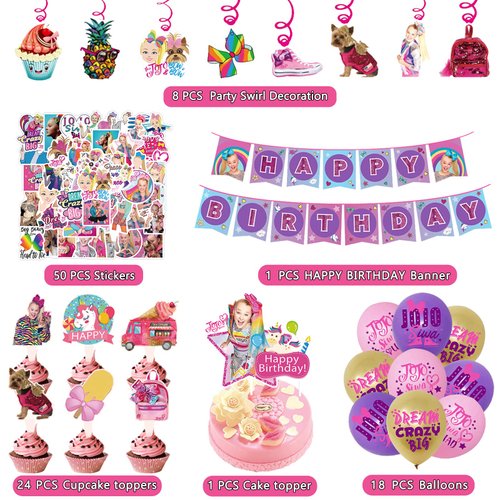 JoJo Birthday Party Supplies, 102 PCS Birthday Decorations Set Include Banner, Latex Balloons, Hanging Swirls, Cake Cupcake Toppers, Stickers Favors for Kids Girls Siwa Theme Party