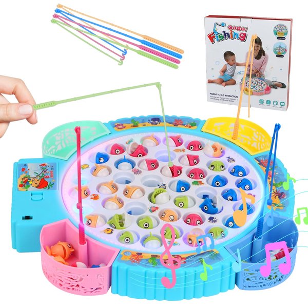 QuadPro Magnetic Fishing Games Set - Educational Toddler & Kids Fishing Toys | 45 Fish, 8 Poles, Rotating Board with Music & LED | Ideal Go Fish Toy for Fun!