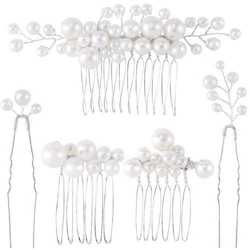 ANCIRS 3 Pack Pearl Bride Wedding Hair Comb & 2 Pack Silver Bridal Side Hair Pins for Women & Girls