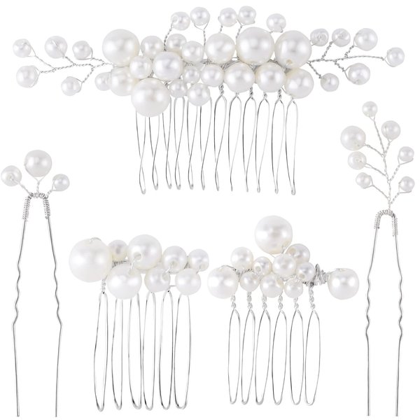 ANCIRS 3 Pack Pearl Bride Wedding Hair Comb & 2 Pack Silver Bridal Side Hair Pins for Women & Girls
