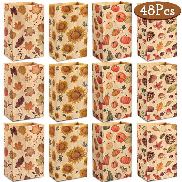 Whaline 48Pcs Thanksgiving Fall Flat Treat Bags Kraft Paper Bags Pumpkins Maple Leaves Sunflowers Nuts Patterned Grocery Bag Small Goodie Bag Candy Gift Bags for Party Favor Supply