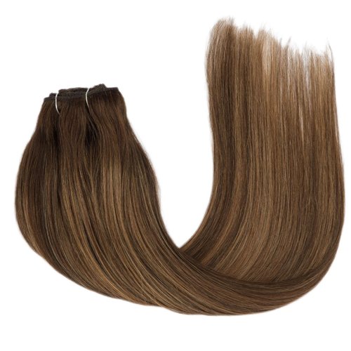 LIZ Hair Human Hair Extensions, 120g 7pcs Balayage Chocolate Brown to Caramel Blonde Hair Extensions Straight Remy Hair Extensions Clip in Human Hair 16 Inch Hair Extensions