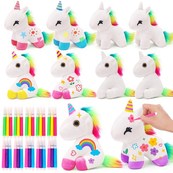 HAPGFS 10Pcs Unicorn Party Favor Bulk Toys Mini Plush Unicorn Stuffed Animals with Coloured Pens Small Rainbow Unicorn Keychain for Birthday Wedding Christmas Goodie Bag Stuffer Party