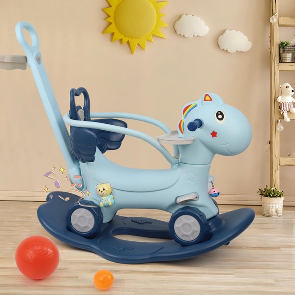 4 in 1 Rocking Horse for Toddlers 1-3 Years Old, Balance Bike Ride On Toys with Push Handle, Backrest and Balance Board for Baby Girl and Boy, Unicorn Kids Riding Birthday (Blue-New)