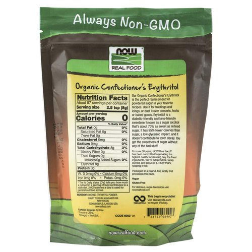 NOW Foods, Organic Confectioner's Erythritol Powder, Replacement for Powdered Sugar, Zero Calories, 1-Pound (Packaging May Vary)