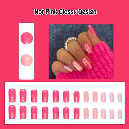 ANDGING Hot Pink Press on Nails Short Medium Coffin Fake Nails with Glossy Design Glue on Nails for Women Girls Acrylic False Nails Reusable Stick on Nails Manicure Press on Nail for Wedding 24Pcs