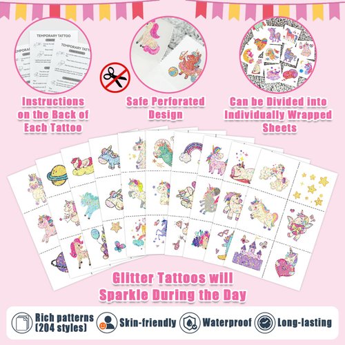 Partywind 204 Styles Glitter Temporary Tattoos for Kids Girls, 34 Sheets Perforated Tattoo Stickers for Girls Party Supplies Favors, Birthday Goodie Bag Stuffers Games Toys