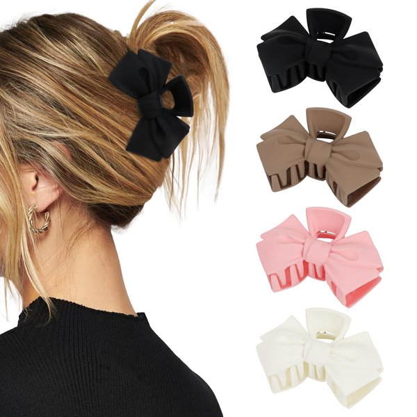 CURASA 4pcs Bow Claw Clip Bow Hair Clips for Women Medium Claw Clips for Thin Hair Thick Hair Claw Clips for Long Hair Cute Hair Clip Non Slip Hair Bow Clips for Women Hair Accessories for Women Girls
