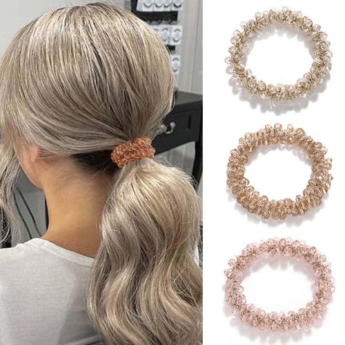 Fashey Pearl Hair Ties Rhinestone Ponytail Holder 3 Pcs Beaded Hair Scrunchies Elastic Hair Bands Hair Accessories for Women and Girls (white,pink,champagne)