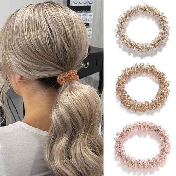 Fashey Pearl Hair Ties Rhinestone Ponytail Holder 3 Pcs Beaded Hair Scrunchies Elastic Hair Bands Hair Accessories for Women and Girls (white,pink,champagne)