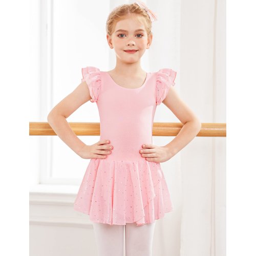 Arshiner Girls Ruffle Sleeve Ballet Dance Dress Tutu Skirted Leotard, 4-5 Years, Ballet Pink