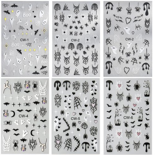 Shiny Crystal Spider Nail Stickers for Nail Art 6 Sheets Halloween Nail Decals 3D Self-Adhesive Spider Web Spider Ghost Bat Halloween Nail Art Stickers DIY Manicure Decoration Supplies for Women Girls