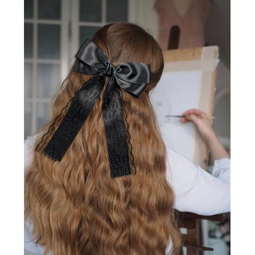 TUCEWP Black Satin Hair Bow for Women Girls Long Ribbon Bowknot Spring Hair Clips for Thick Curly Hair Big Lace Bow Ponytail Holder Nonslip Metal Hair Barrette Snap Hairpins Sweet Hair Accessories
