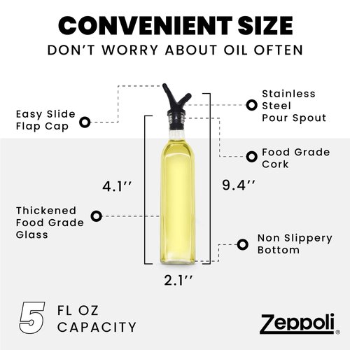 Zeppoli Kitchen Olive Oil Dispenser Bottle Set 5 oz - Stainless Steel Rack 2 Pack - Oil & Vinegar Dispenser Set - 4 Removable Dual Spout, Pouring Funnel - Glass Bottle Set - Cruet, Stainless Steel