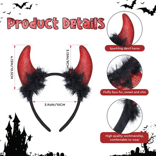 XunYee 24 Pcs Red Glitter Devil Horns Headband Bulk Devil Ears Devil Costume Accessories for Women Men Halloween Costume Dress Cosplay Party Favors