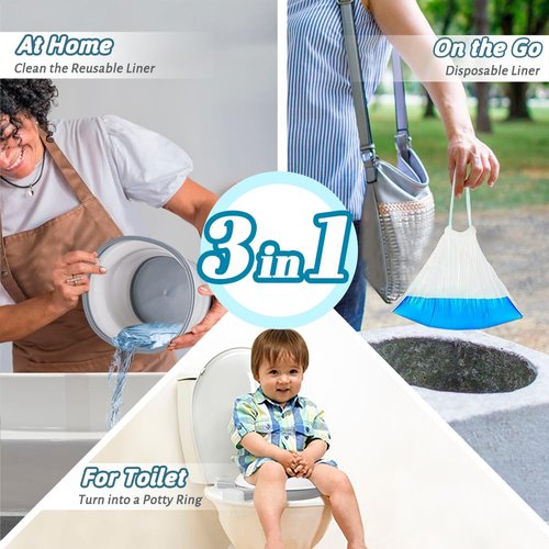 Beavtaens Portable Potty with Leakproof Washable Liner, 3 in 1 Travel Potty Used as Standalone Potty & Potty Ring, Foldable Potty with Handbag & 20 Disposable Liners, 4 Leg Support Car Potty (Gray)