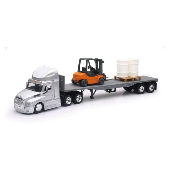Shop72 Die Cast 1:43 Scale Freightliner Cascadia Flatbed Truck W/Forklift & Barrels