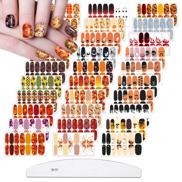 XEAOHESY 30 Sheets Maple Leaf Theme Halloween Stick On Nail Polish Strips with Nail File Nail Stickers Decals Holiday Full Nail Wraps for Women Halloween Nail Art