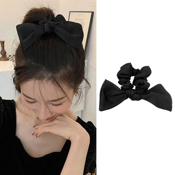 Crymystal Silky Ribbon Bow Hair Ties Black Bow Elastic Band Bow Hair Rope Tie Satin Bow Ponytail Holder Beaded Hair Rope Long Ponytail Scrunchies Hair Accessories for Women and Girls (Black)
