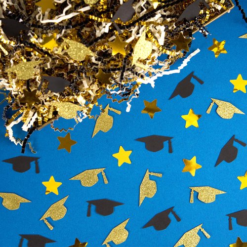 PAPER FAIR 1 LB Graduation Crinkle Cut Paper w/Grad Cap Star Confetti, Metallic Black Gold Glitter Cream Shred Filler Mix Easter Grass Raffia Tissue Craft, Party Birthday Gift Box Basket Retail