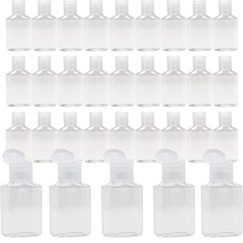 Vinsencoo 50 Pcs 1oz/30ml Mini Plastic Empty Bottles with Flip Cap Portable Travel Size Reusable for Hand Sanitizer Shampoo and Conditioner Baby Shower Weeding Party Favors, clear
