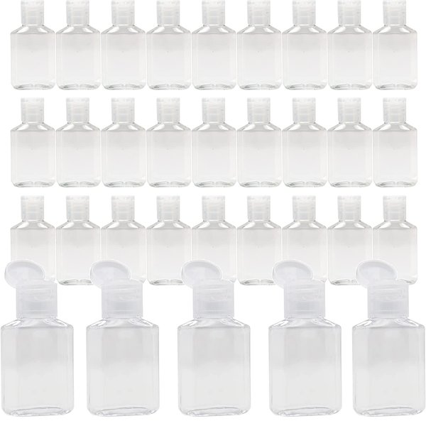 Vinsencoo 50 Pcs 1oz/30ml Mini Plastic Empty Bottles with Flip Cap Portable Travel Size Reusable for Hand Sanitizer Shampoo and Conditioner Baby Shower Weeding Party Favors, clear