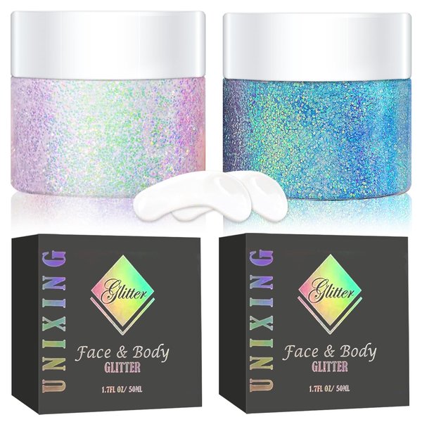 2 Packs Holographi Face Body Glitter Gel, Sparkle Color Changing Face Glitter Gel, Mermaid Sequins Glitter Face Paint, Chunky Hair Glitter Gel for Concerts Party Mardi Gras Festival, 50ML x 2
