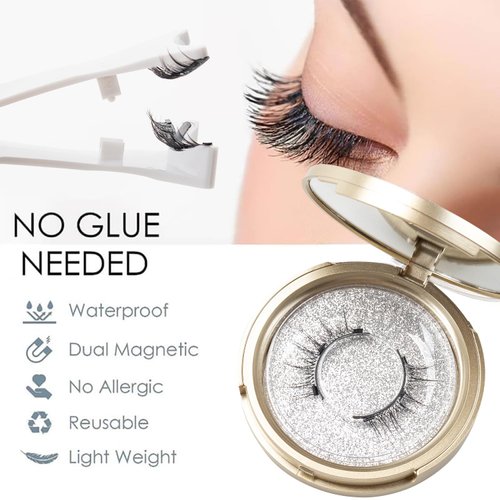 Magnetic Lashes, No Glue, 2 Pairs with Applicator and Mirror Box, 3D Natural Styles, Reusable