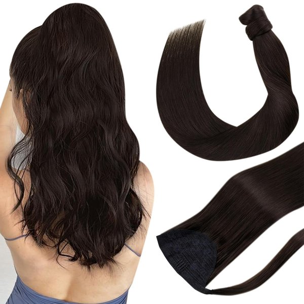 Hetto Ponytail Hair Extension Human Hair Ponytail Extension Braun Human Hair Ponytail Remy Darkest Brown 16inch 80g #2