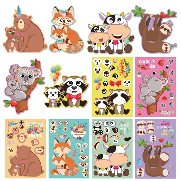 HOWAF 36pcs Happy Mother's Day Make A Face Stickers for Happy Mother's Day Party Craft, Make Your Own Animal Stickers for Mother's Day Party Games Supplies