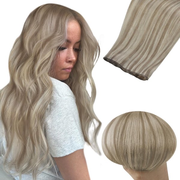 Full Shine Genius Weft Hair Extensions Human Hair Color Ash Blonde Mix Bleach Blonde Hair Extensions Sew In Hand Tied Weft Human Hair Extensions Remy Straight Hair Weft Extensions 18 Inch 80G